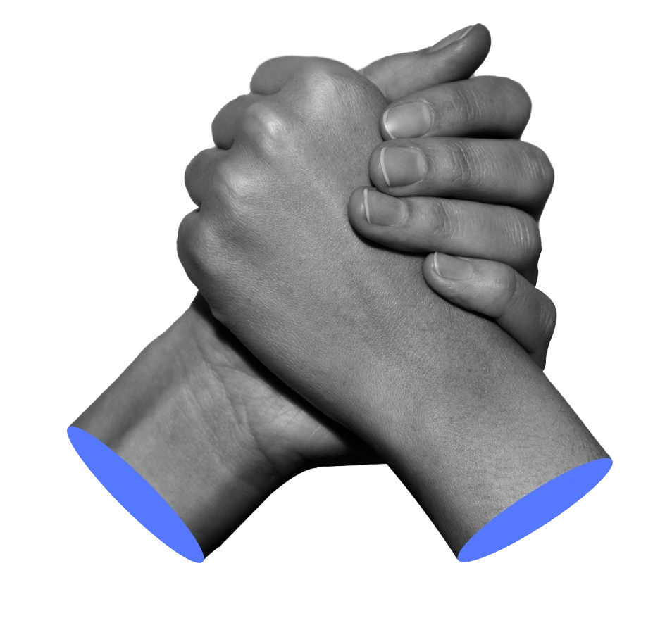 Black and white image of two clasped hands with blue highlights, representing unity, teamwork, and the value of community.