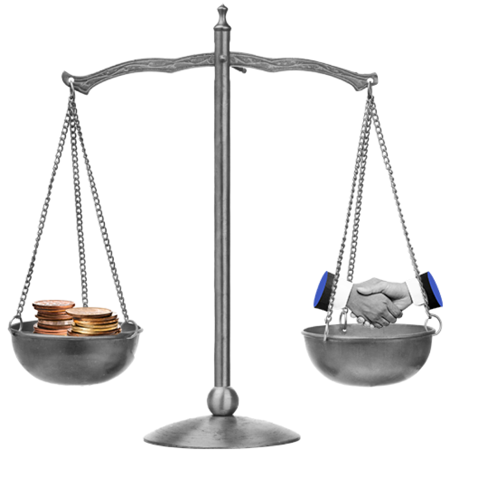 A metallic balance scale with coins on one side and miniature business icons on the other, symbolizing financial equilibrium.