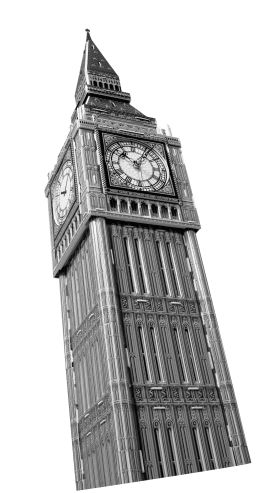 Big Ben en escala de grises, representando la confiabilidad atemporal de la Cuenta Global Business.