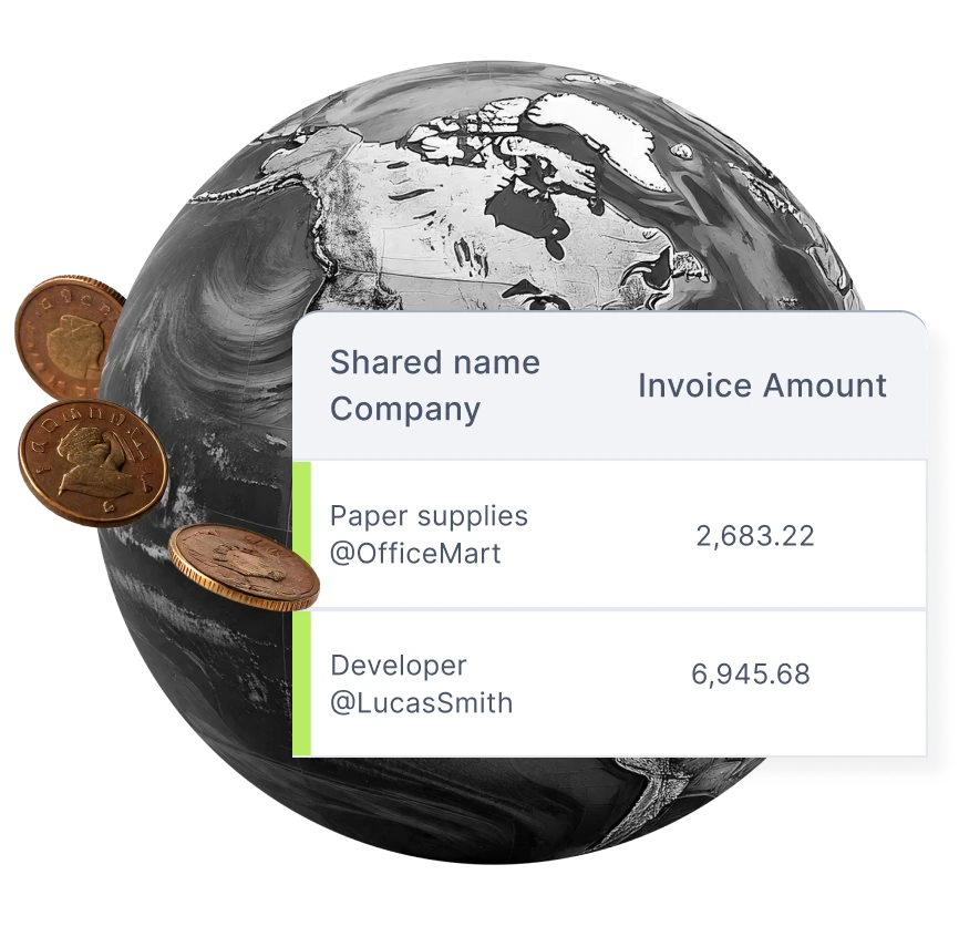 Black and white globe with floating coins and an invoice summary showing company names, services, and amounts.