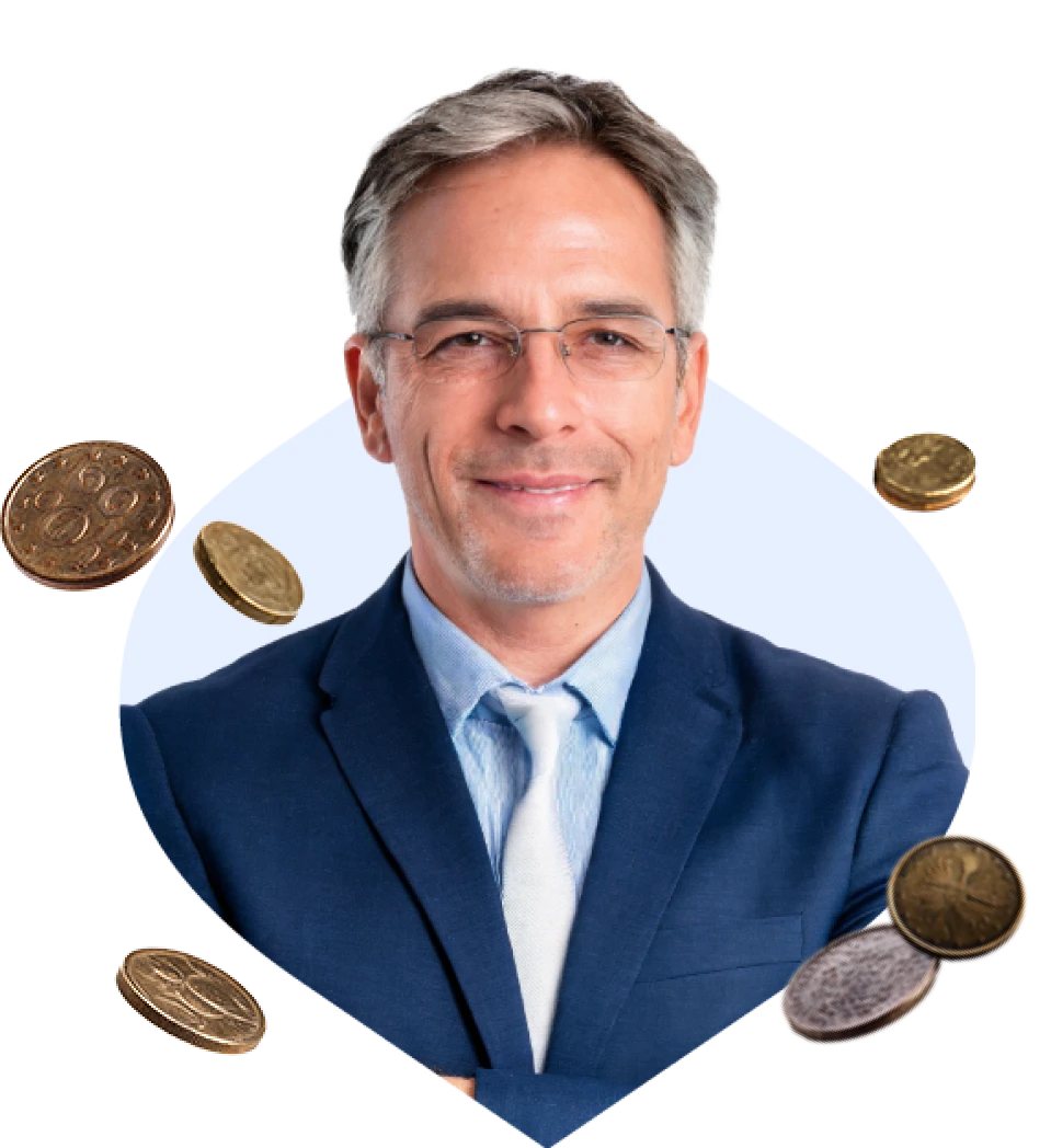 Portrait of a confident man in a suit surrounded by floating coins, symbolizing expertise and financial growth.