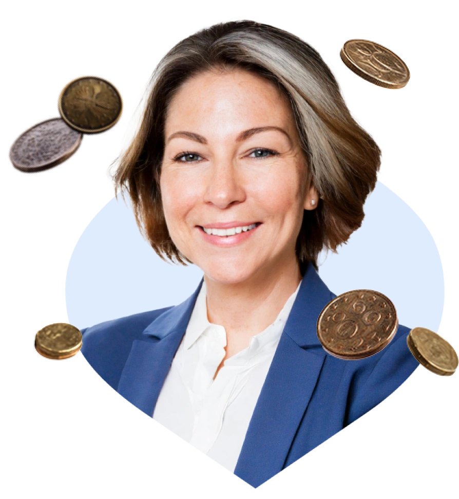 Portrait of a smiling woman in a blazer surrounded by floating coins, symbolizing safe and efficient global payments.