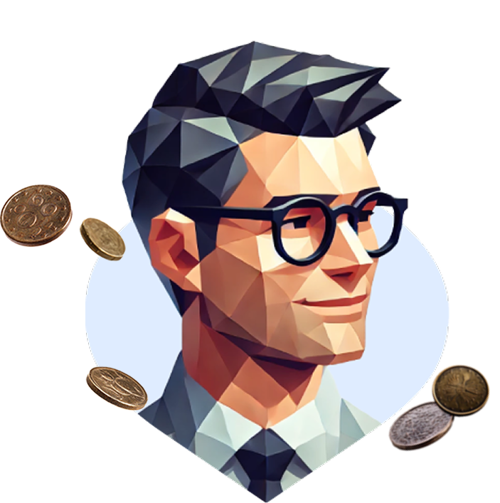 Eric, the AI from Bancoli, looking to the right with coins around, symbolizing experience and financial opportunities.