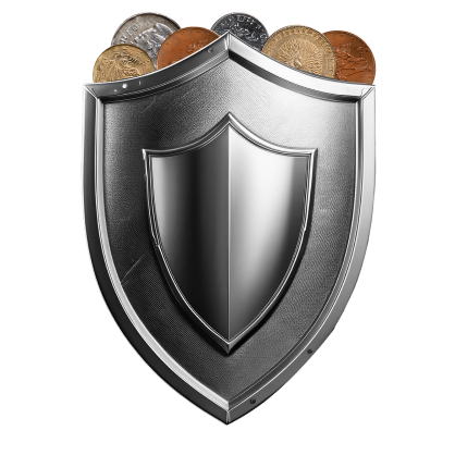 Escudo metálico con varias monedas detrás, símbolo de protección y seguridad financiera.