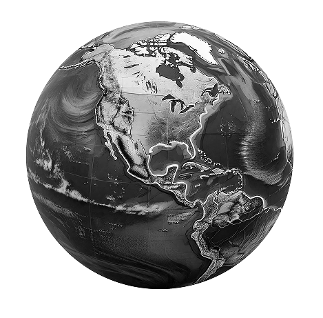 Black and white globe representing global collaboration and unity as a core value of Bancoli's approach.