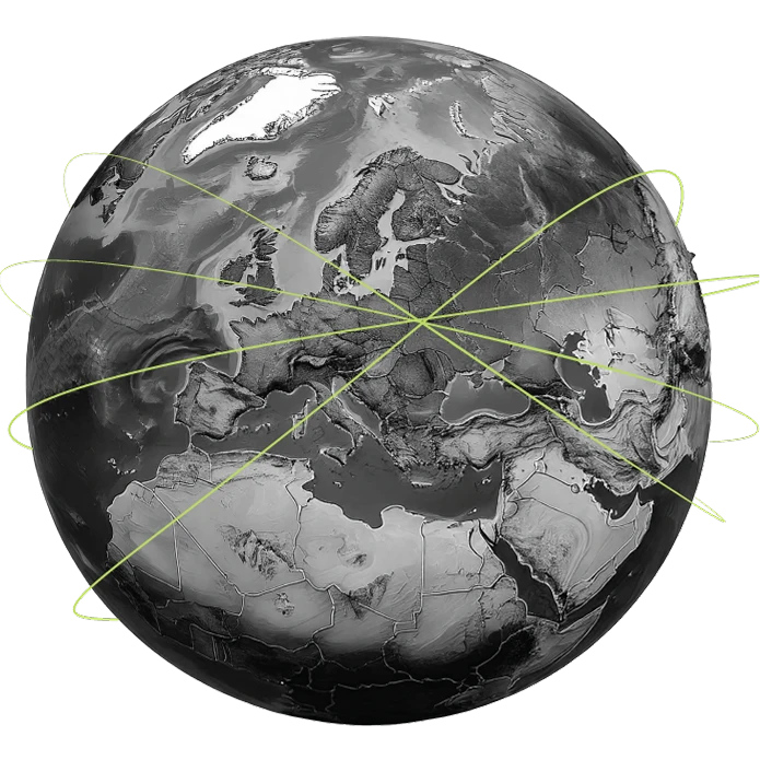 World in black and white with green lines on top, symbolizing global networks.
