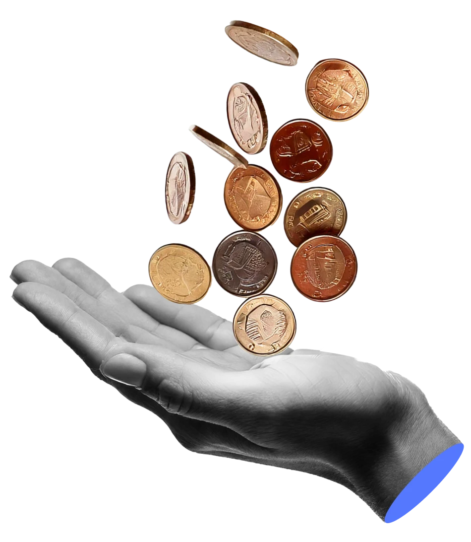 Black and white hand receiving colorful floating coins, symbolizing increased yields and financial efficiency through supply chain financing.