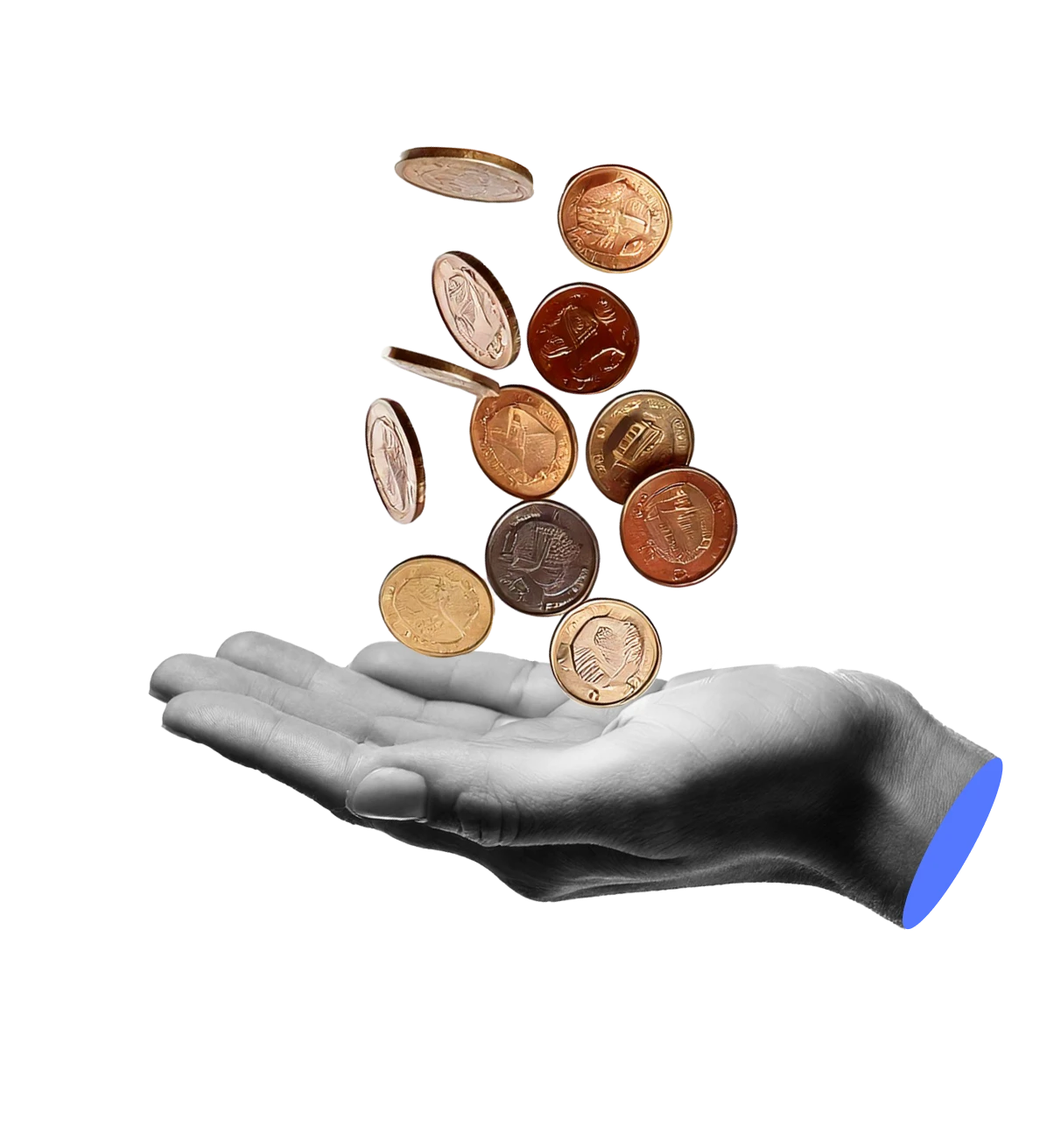 Black and white hand catching colorful floating coins, symbolizing financial control and opportunity.