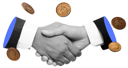 Black and white handshake with blue highlights on the sleeves and floating coins, symbolizing trust and strong supplier relationships.