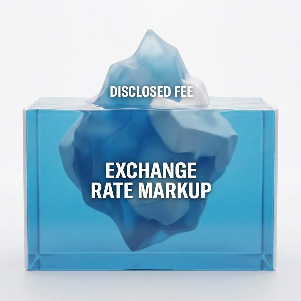 Iceberg illustration showing hidden costs of traditional bank transfers above and below the surface.