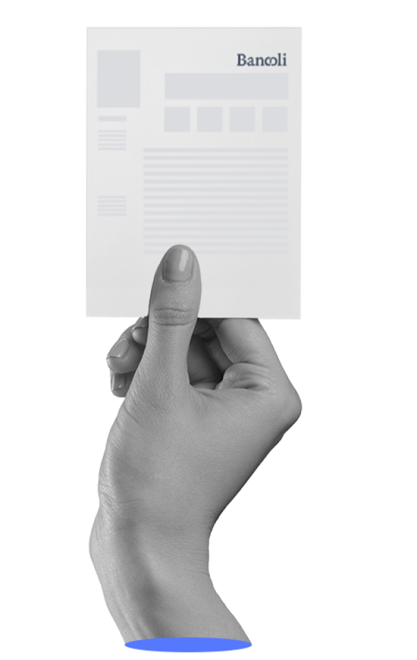 A grayscale hand holding an invoice with the text "Bancoli" at the top.