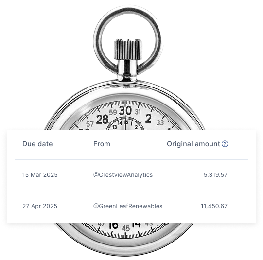 Stopwatch behind an invoice summary table displaying company names, amounts, and transfer dates, symbolizing prompt financial transactions.