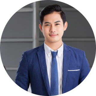 Portrait of Li Wei, a satisfied customer in a blue suit and tie, smiling confidently.