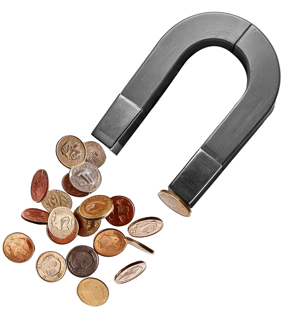 U-shaped magnet attracting various coins, symbolizing efficient and streamlined invoice-to-payment processes.