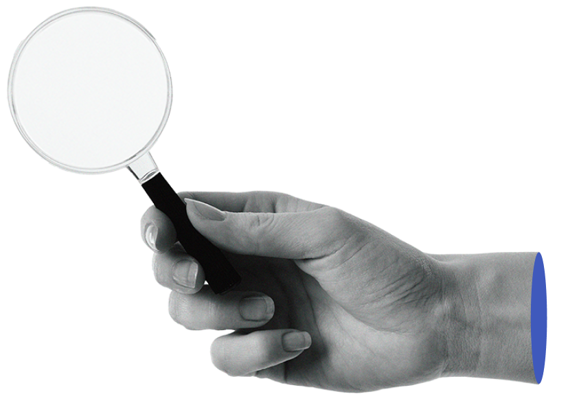 Hand holding magnifying glass, symbolizing data analysis.