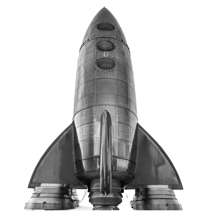 Black and white rocket symbolizing progress, innovation, and Bancoli's mission to enhance global financial safety and efficiency