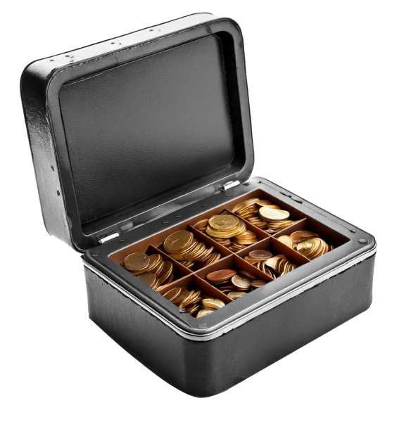 Open safety box filled with neatly organized gold coins, symbolizing secure and reliable financial protection.