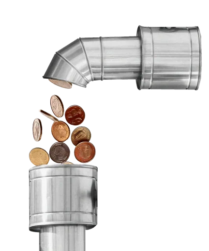 Image of coins falling through a segmented metal pipe, symbolizing streamlined financial flow and prevention of supply chain disruptions.