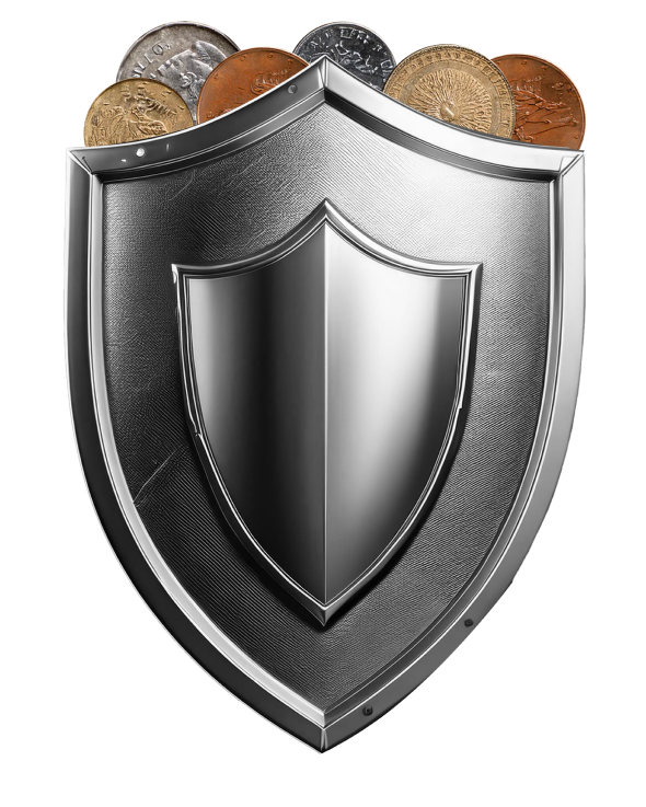 Metallic shield filled with coins, symbolizing the security and reliability of Bancoli accounts.