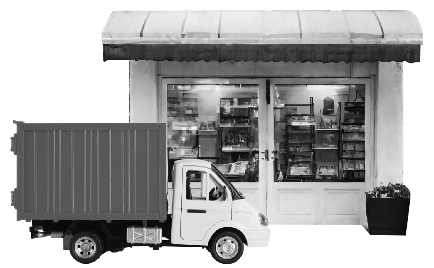 Black and white image of a small delivery truck parked in front of a storefront, symbolizing reliability and efficient supplier relationships.