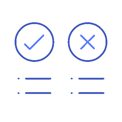 Minimalist blue icon with a checkmark and cross in circles above horizontal lines, representing pros and cons or decision options.