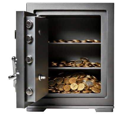 Secure vault with coins, symbolizing transparent and protected currency transactions.