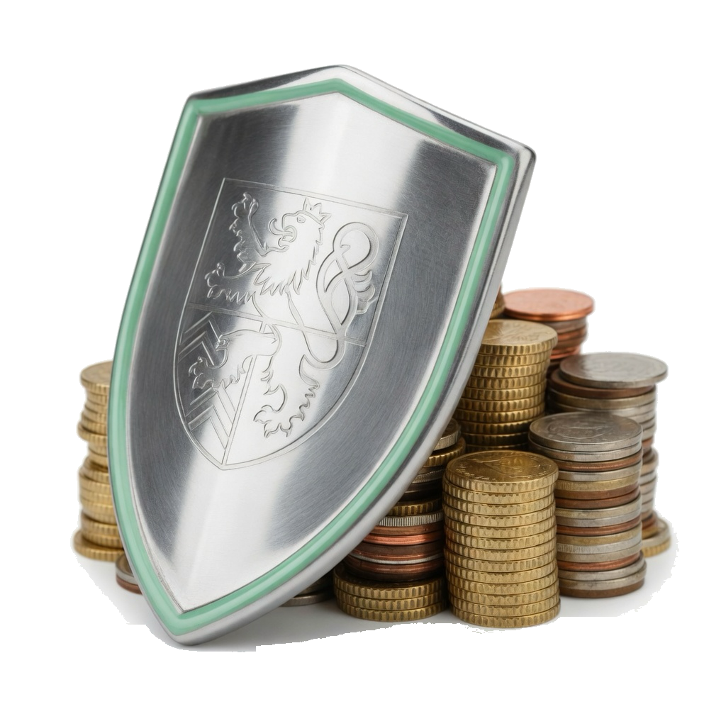 Silver shield with a mint-green rim standing in front of stacked gold and copper coins, representing ACH fraud control.