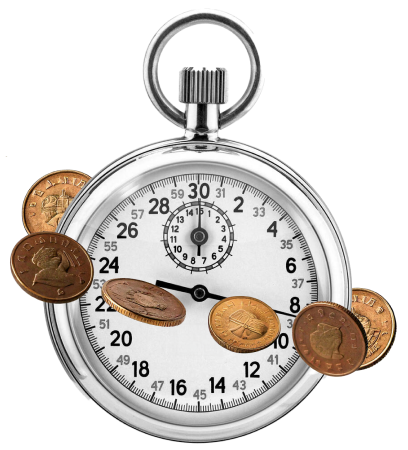 A silver stopwatch surrounded by various copper coins, symbolizing the concept of time and money.