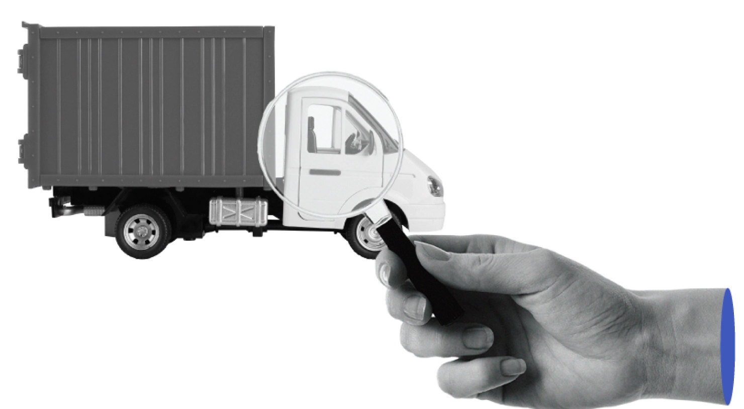 Black and white truck with a magnifying glass over its cabin, held by a hand with a blue highlight, symbolizing liquidity and supply chain support.