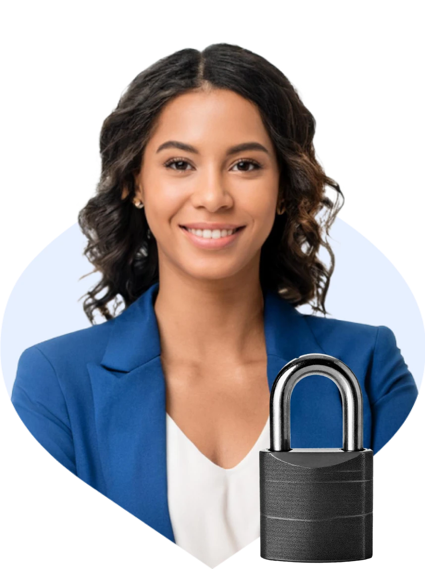 Portrait of a confident woman in a blue blazer with an open padlock, symbolizing security and transparency in banking.