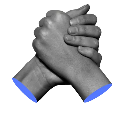 Black and white image of two clasped hands with blue highlights, symbolizing unity, collaboration, and shared values.