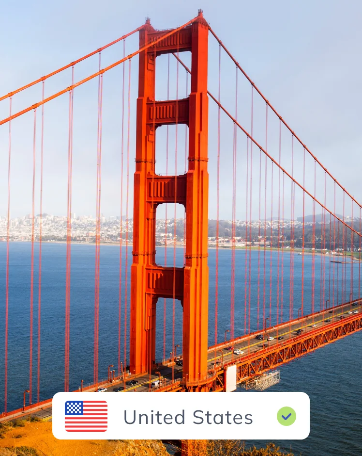 Image of the Golden Gate Bridge in San Francisco with a United States flag icon indicating location confirmation.