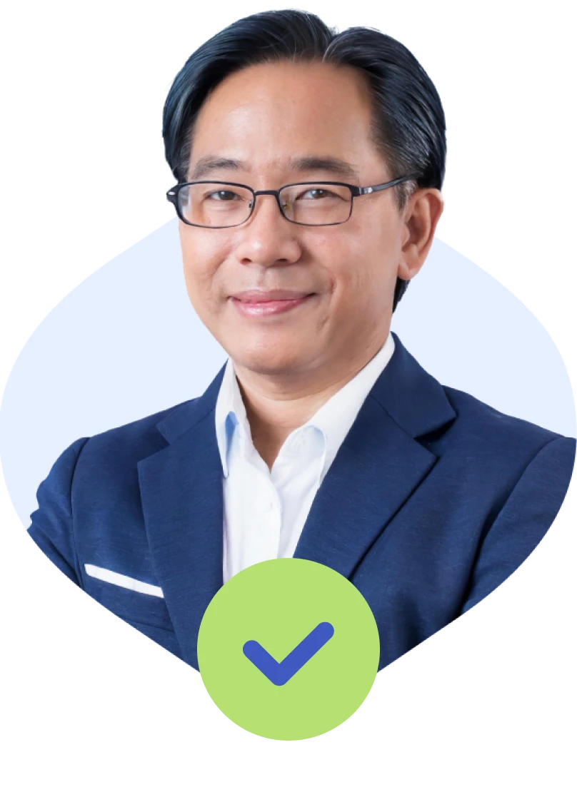 Portrait of a confident man in a suit with a green verified badge, symbolizing trust and authenticity.