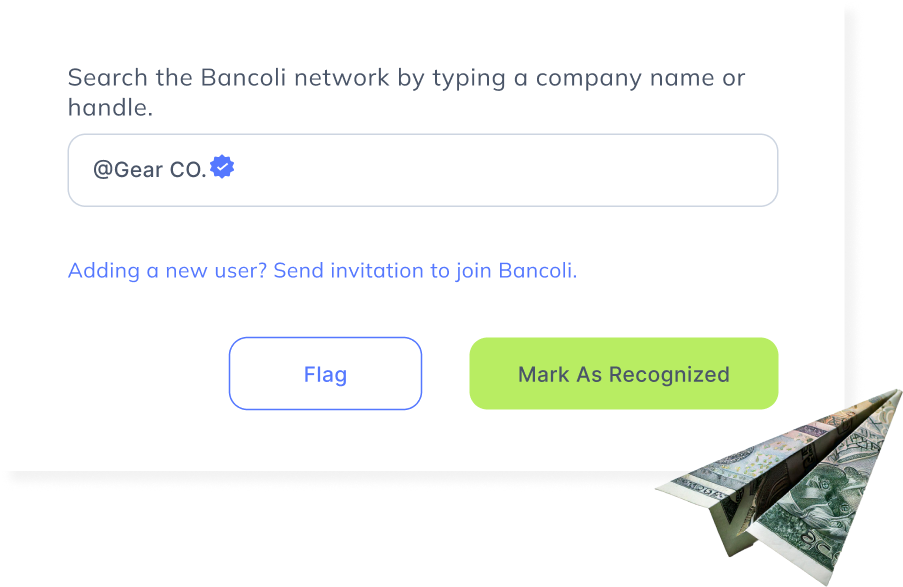 Search bar displaying a verified company handle with a paper airplane made of currency, symbolizing automated solutions to prevent payment errors.