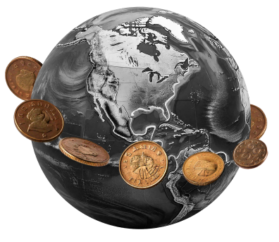 Black and white globe with floating international coins, symbolizing global currency exchange without hidden fees.